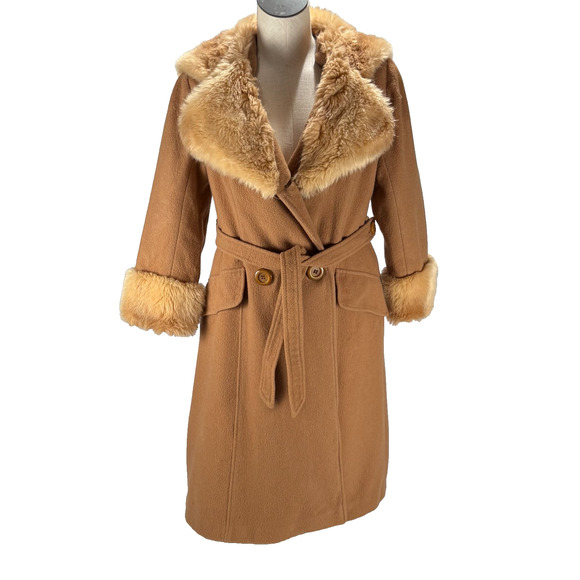 60s 70s Vintage Wool Coat Belted Camel Fur Collar & Cuffs Hooded Jacket Mob Wife - Picture 1 of 16